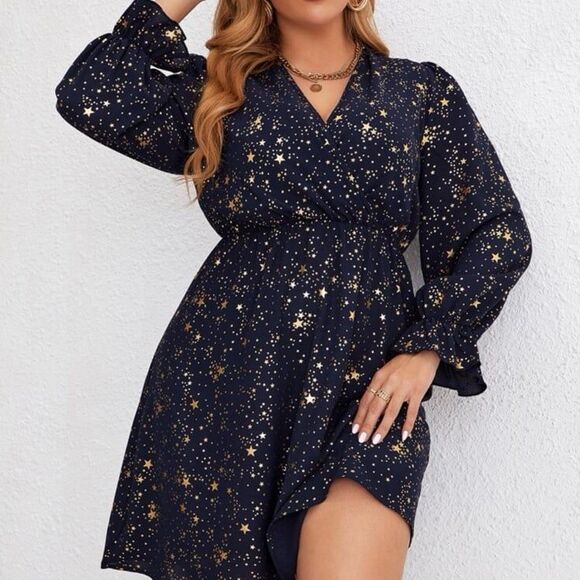 SHEIN Curve Navy Blue Gold Star Print Dress Plus Size 2XL - Picture 11 of 11